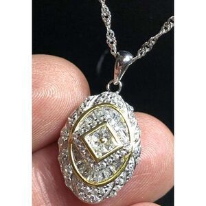 1908  Sterling Silver & Vermeil 925 Oval CZ Pendant Necklace 18-20" 5.1gram